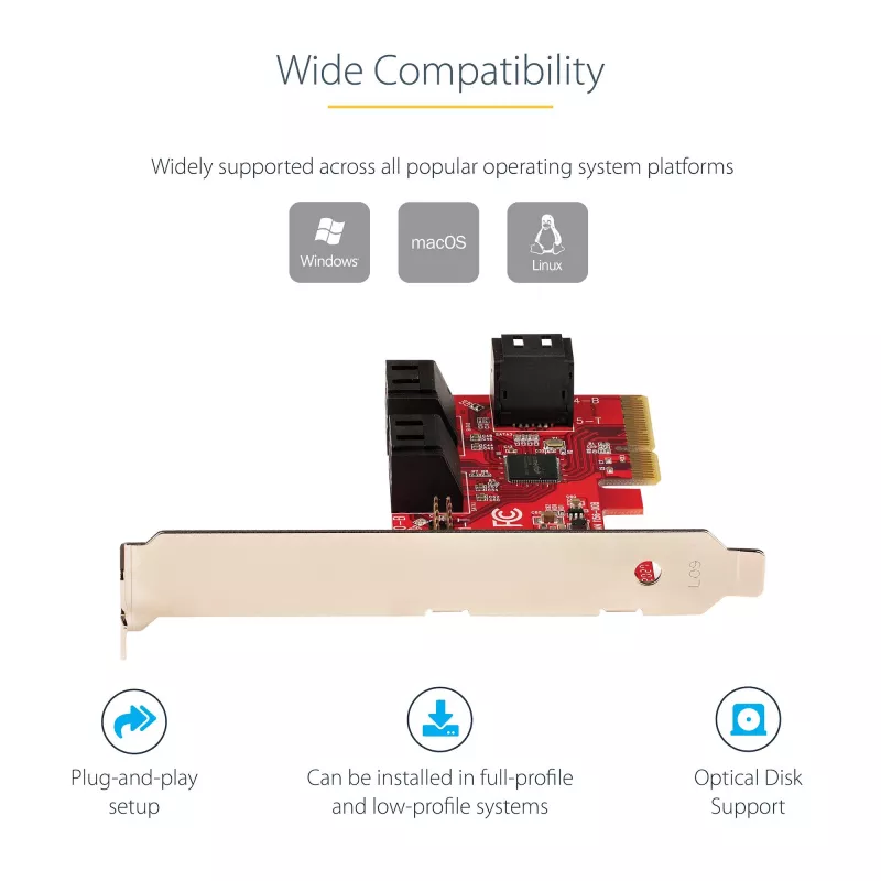 StarTech.com SATA PCIe-kaart – 6-poorts PCIe SATA-uitbreidingskaart – 6 Gbit/s – Low/Full Profile – gestapelde SATA-aansluitingen – ASM1166 non-RAID – PCI Express naar SATA-converter