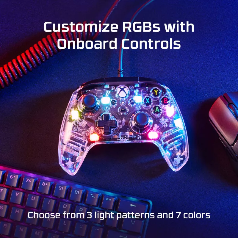 HyperX Clutch Gladiate – bedrade gaming-RGB-controller – Xbox, gamepad, Xbox One, Xbox Series X, bedraad, USB, USB Type-A, USB Type-C, transparant