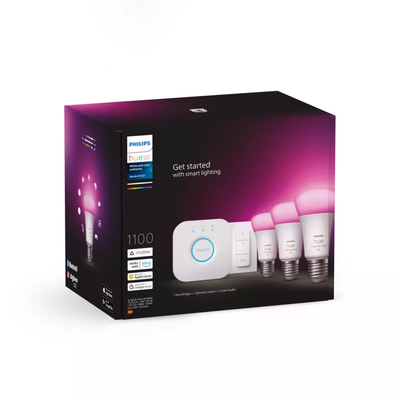 Smart-Lighting-Kit Philips Hue White and Colour Ambience Starterset – 3× E27 11W-lampen, Bluetooth/Zigbee, dimmer