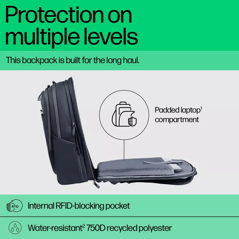 HP Travel Plus laptoprugzak 30 l, 17,3 inch (43,9 cm), uitbreidbaar tot 35 l, RFID-blokkerend vak, 1,08 kg, grafietblauw