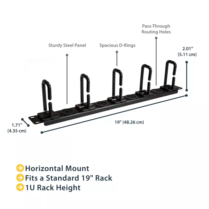 StarTech.com 1U 19 inch kabelmanagement-organizer – D-ring haken netwerk-/serverrack kabelmanager – horizontaal kabelpaneel voor datacenters met doorvoergaten, incl. montagemateriaal – EIA/ECA-310-E