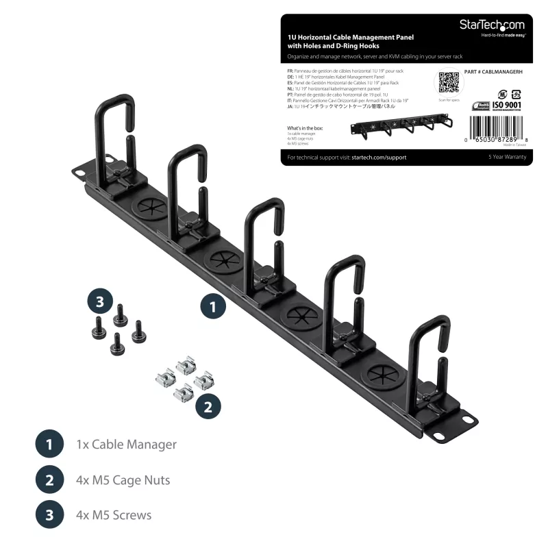 StarTech.com 1U 19 inch kabelmanagement-organizer – D-ring haken netwerk-/serverrack kabelmanager – horizontaal kabelpaneel voor datacenters met doorvoergaten, incl. montagemateriaal – EIA/ECA-310-E