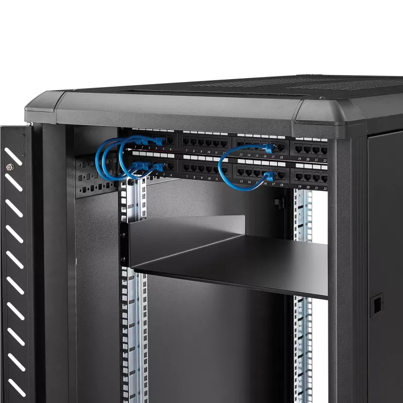 StarTech.com 2HE serverrack-legbord – universeel rackmontage-uitlegbord voor 19 inch netwerkapparatuurrack & -kast – hoogbelastbaar staal – draagvermogen 20 kg – 400 mm diep bord, zwart