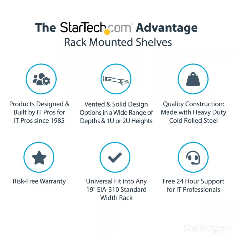 StarTech.com 2HE serverrack-legbord – universeel rackmontage-uitlegbord voor 19 inch netwerkapparatuurrack & -kast – hoogbelastbaar staal – draagvermogen 20 kg – 400 mm diep bord, zwart