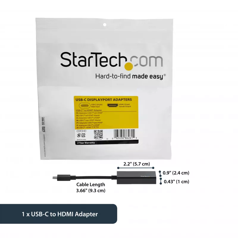StarTech.com USB-C naar HDMI-adapter met 4K 30Hz - zwart, 3.2 Gen 2 (3.1 Gen 2), USB Type-C, HDMI-uitgang, 3840 x 2160 pixels