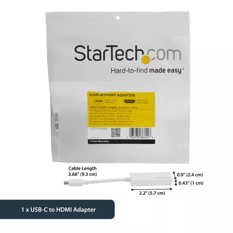 StarTech.com USB-C naar HDMI-adapter - wit - 4K 60Hz, USB Type-C, HDMI-uitgang, 3840 x 2160 pixels