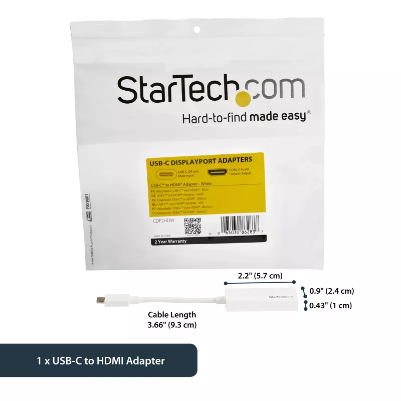 StarTech.com USB-C naar HDMI-adapter met 4K 30Hz - wit, USB Type-C, HDMI-uitgang, 3840 x 2160 pixels
