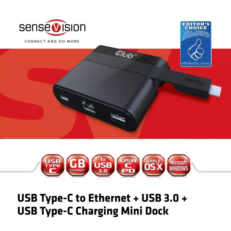 CLUB3D USB Type-C naar Ethernet + USB 3.0 + USB Type-C laad-mini-dock