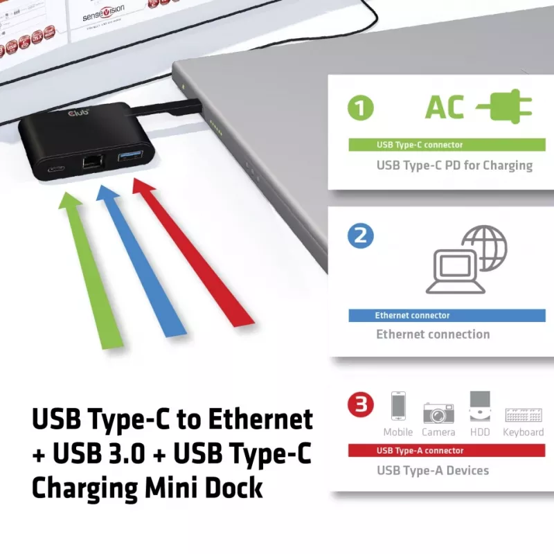 CLUB3D USB Type-C naar Ethernet + USB 3.0 + USB Type-C laad-mini-dock