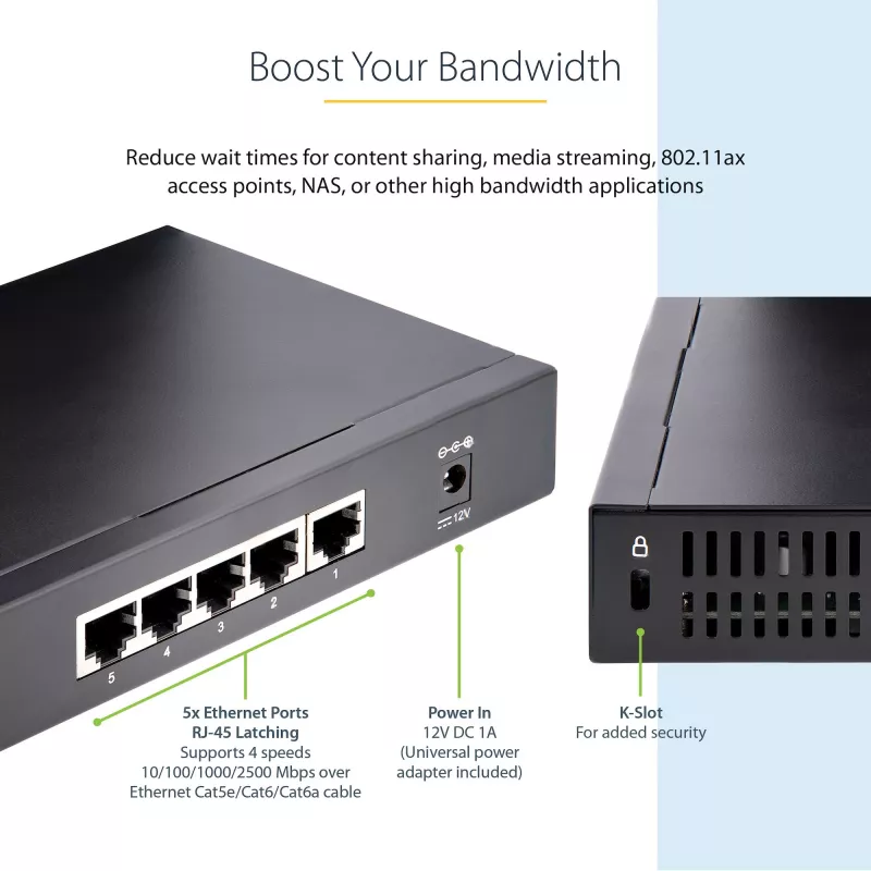 StarTech.com unmanaged 2.5G switch – 5-poorts gigabit switch – 2.5GBASE-T unmanaged ethernet switch – ethernet splitter – DIN-rail- of wandmontage – multi-gigabit – auto-MDIX – 9K jumbo
