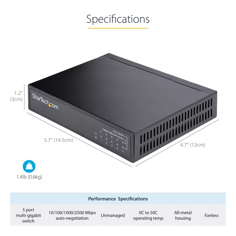 StarTech.com unmanaged 2.5G switch – 5-poorts gigabit switch – 2.5GBASE-T unmanaged ethernet switch – ethernet splitter – DIN-rail- of wandmontage – multi-gigabit – auto-MDIX – 9K jumbo