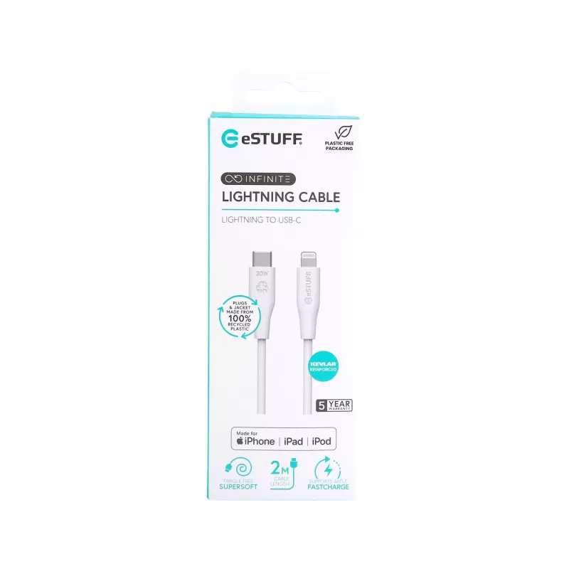 Lightning-kabel eSTUFF ES602270 3m USB-C 2,4A wit
