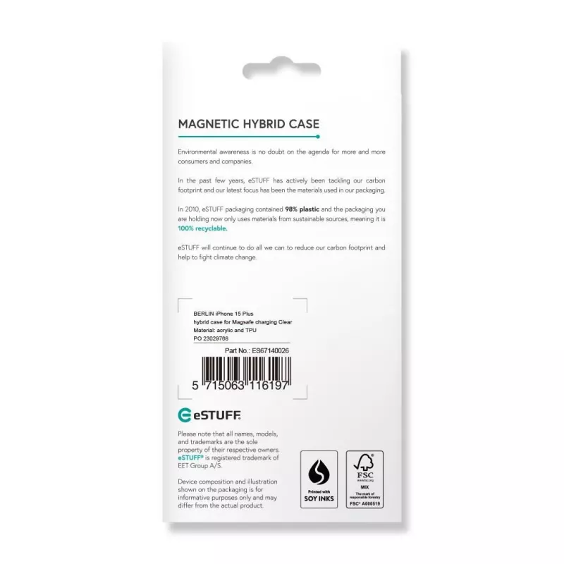eSTUFF Berlin ES67140026 magnetisch hoesje voor iPhone 15 Plus, MagSafe-compatibel, polycarbonaat, TPU, transparant