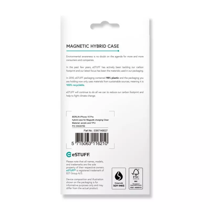 eSTUFF Berlin ES67140027 magnetisch hoesje voor iPhone 15 Pro, MagSafe-compatibel, polycarbonaat, TPU, transparant