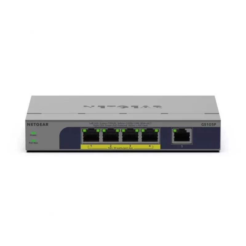 Unmanaged 5-poorts PoE-switch Netgear GS105P 1Gb Ethernet met Power over Ethernet (GS105P-300EUS)