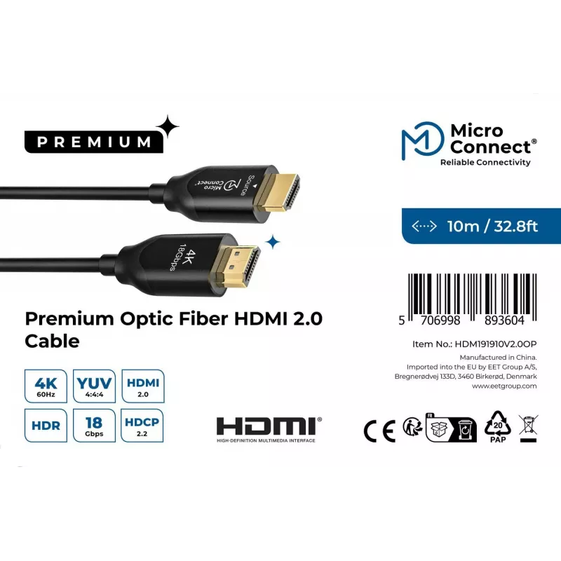 Microconnect HDM191910V2.0OP Premium High Speed actieve optische HDMI 2.0-kabel 10 m, 4K, HDMI Type A, zwart