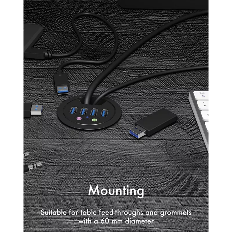 ICY BOX IB-HUB1403A 4-poorts USB 3.0-bureauhub met audio-in/uitgang, zwart