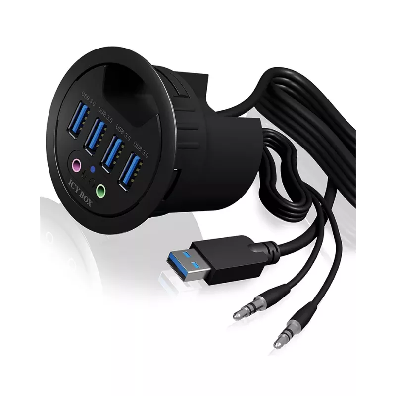 ICY BOX IB-HUB1403A 4-poorts USB 3.0-bureauhub met audio-in/uitgang, zwart