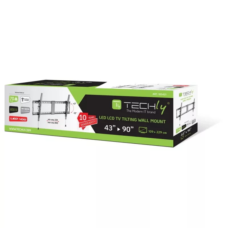 Techly ICA-PLB-590 tv-wandbeugel, kantelbaar, 49 mm wandafstand, voor 43-90 inch (109,2-228,6 cm) LCD/LED, tot 70 kg, zwart