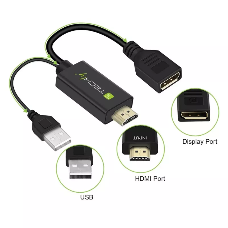 Techly ICOC-HDMI-DP12A HDMI-naar-DisplayPort-adapter met USB-voeding, 4K 30 Hz