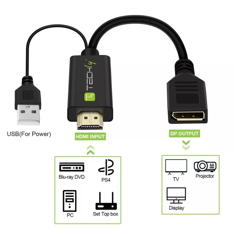 Techly ICOC-HDMI-DP12A HDMI-naar-DisplayPort-adapter met USB-voeding, 4K 30 Hz