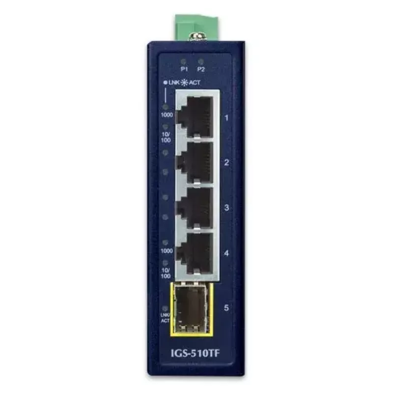Unmanaged Gigabit Ethernet-switch PLANET IGS-510TF — 4 x 10/100/1000 Mbps, 10 Gbit/s switching, 9–48V DC, wandmontage