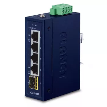 Unmanaged Gigabit Ethernet-switch PLANET IGS-510TF — 4 x 10/100/1000 Mbps, 10 Gbit/s switching, 9–48V DC, wandmontage