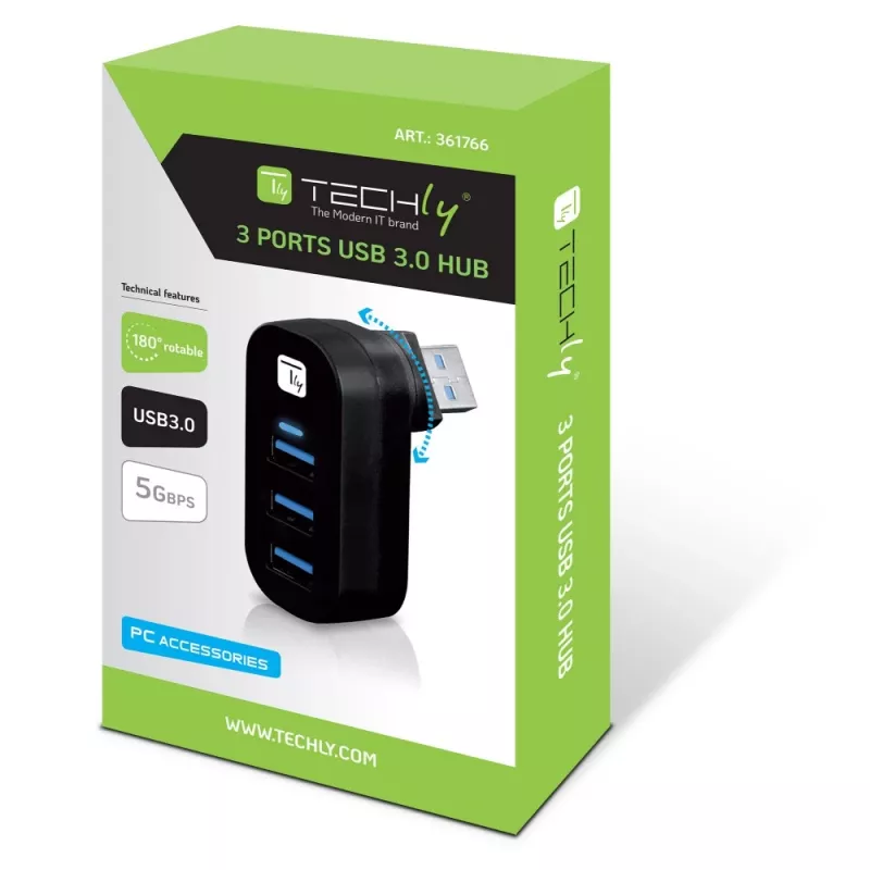 Techly IUSB3-HUB3-ROTB Interface Hub USB 3.2 Gen 1 (3.1 Gen 1) Type-A 5000 Mbit/s Zwart
