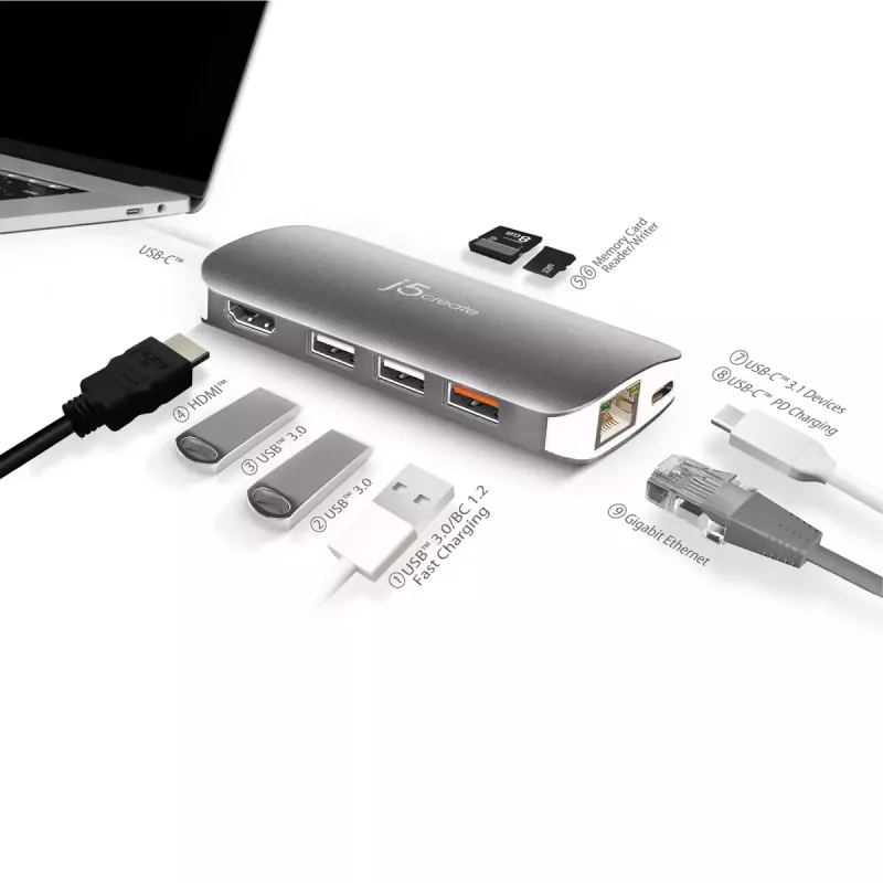 j5create JCD383 USB-C™ 9-in-1 Multi-Adapter, Zilver en Wit