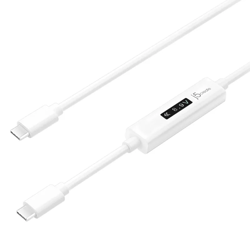 j5create JUCP14 USB-C™ 2.0 naar USB-C™ kabel met dynamische OLED-vermogensmeter, wit, 1,2 m