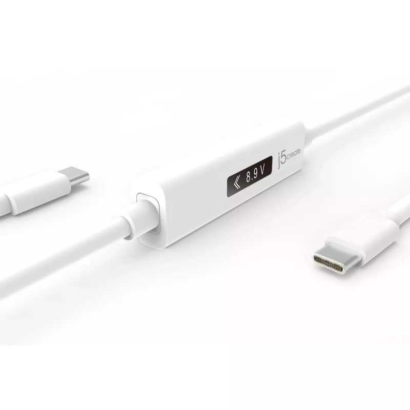 j5create JUCP14 USB-C™ 2.0 naar USB-C™ kabel met dynamische OLED-vermogensmeter, wit, 1,2 m