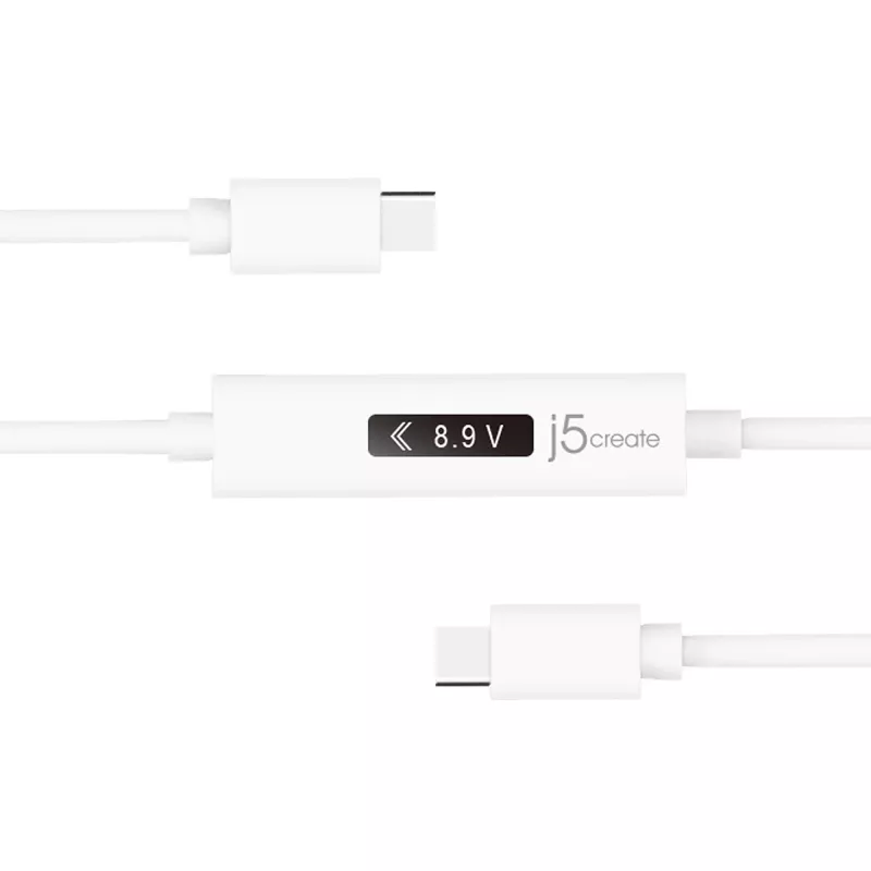 j5create JUCP14 USB-C™ 2.0 naar USB-C™ kabel met dynamische OLED-vermogensmeter, wit, 1,2 m