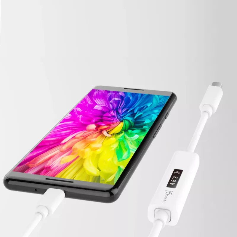 j5create JUCP14 USB-C™ 2.0 naar USB-C™ kabel met dynamische OLED-vermogensmeter, wit, 1,2 m