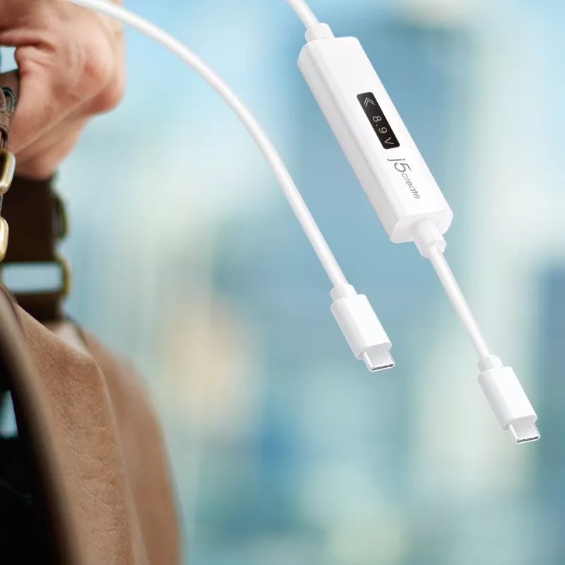 j5create JUCP14 USB-C™ 2.0 naar USB-C™ kabel met dynamische OLED-vermogensmeter, wit, 1,2 m