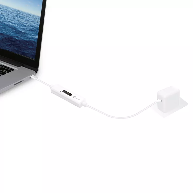 j5create JUCP14 USB-C™ 2.0 naar USB-C™ kabel met dynamische OLED-vermogensmeter, wit, 1,2 m
