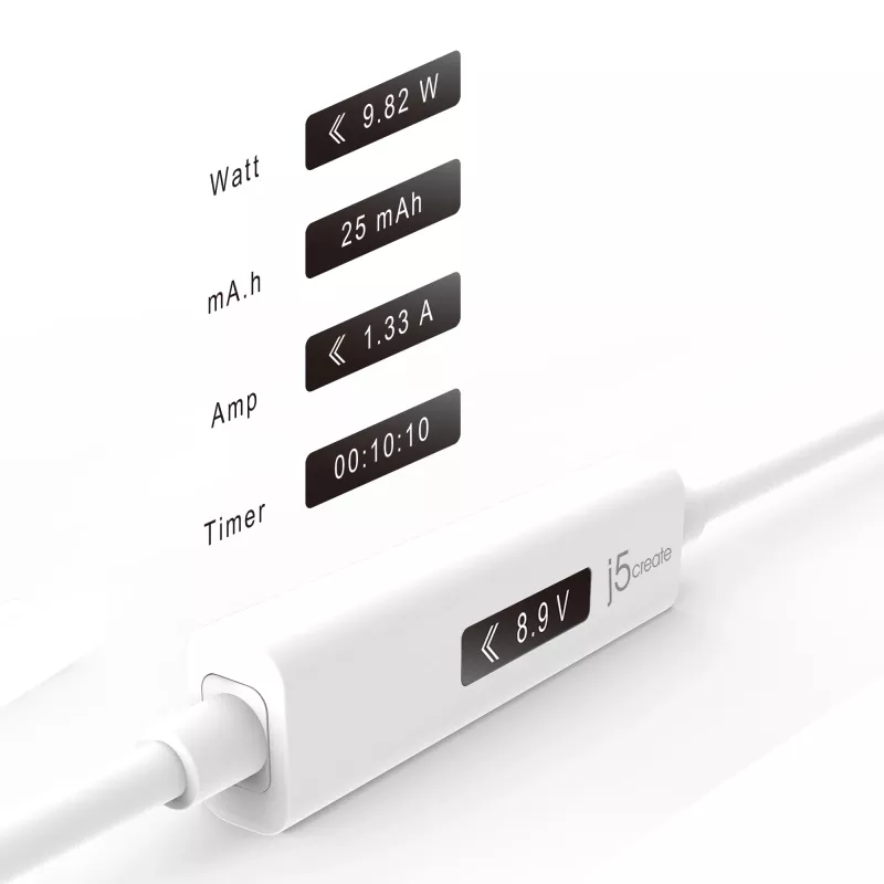 j5create JUCP14 USB-C™ 2.0 naar USB-C™ kabel met dynamische OLED-vermogensmeter, wit, 1,2 m