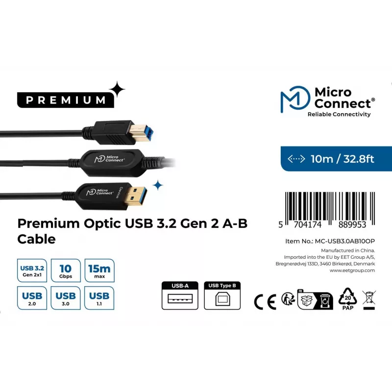 Microconnect MC-USB3.0AB10OP USB-kabel USB 3.2 Gen 2 (3.1 Gen 2) 10 m USB A USB B zwart