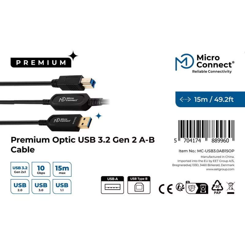 Microconnect MC-USB3.0AB15OP USB-kabel USB 3.2 Gen 2 (3.1 Gen 2) 15 m USB A USB B zwart