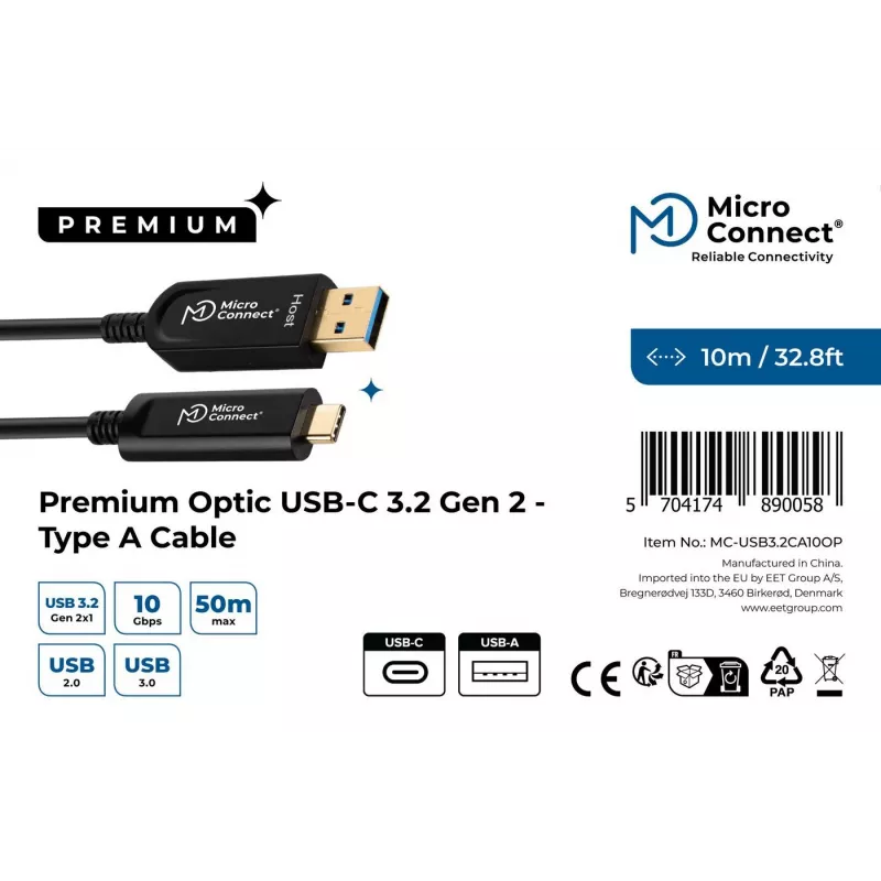 Microconnect MC-USB3.2CA10OP USB-kabel USB 3.2 Gen 2 (3.1 Gen 2) 10 m USB-A USB-C zwart