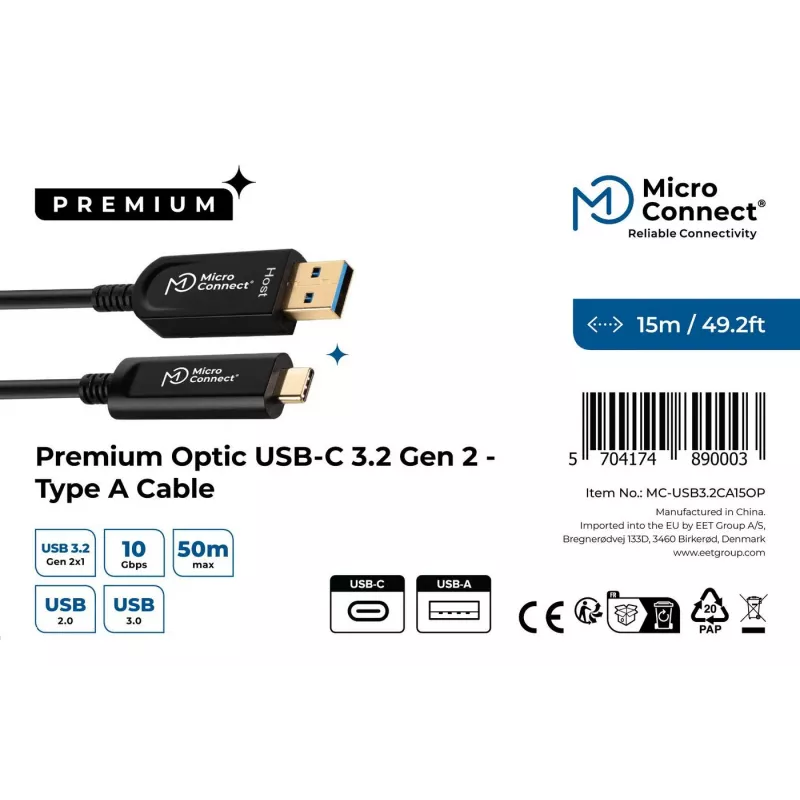 Microconnect MC-USB3.2CA15OP USB-kabel USB 3.2 Gen 2 (3.1 Gen 2) 15 m USB A USB C zwart