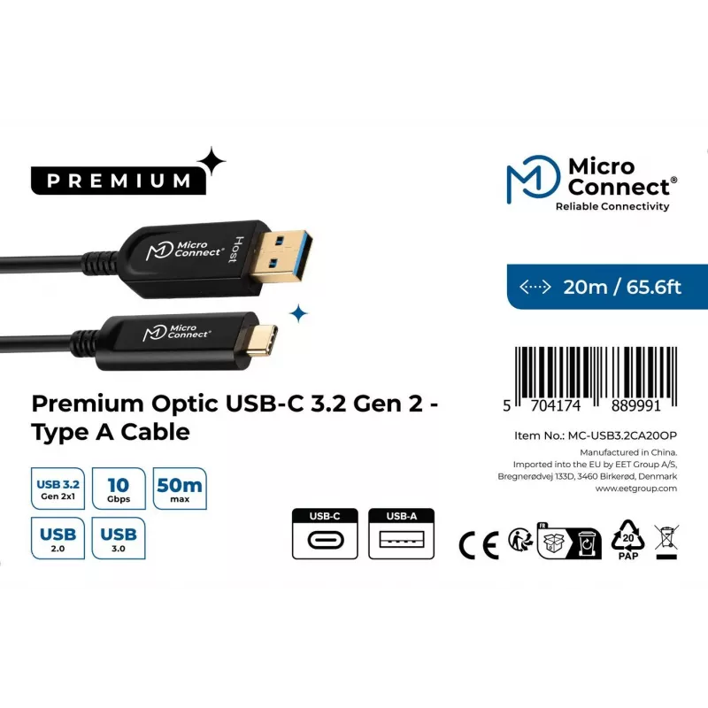 Microconnect MC-USB3.2CA20OP USB-kabel USB 3.2 Gen 2 (3.1 Gen 2) 20 m USB A USB C zwart