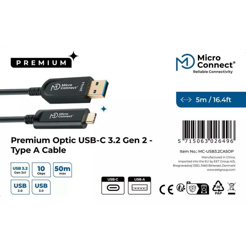 Microconnect MC-USB3.2CA5OP USB-kabel USB 3.2 Gen 2 (3.1 Gen 2) 5 m USB A USB C zwart