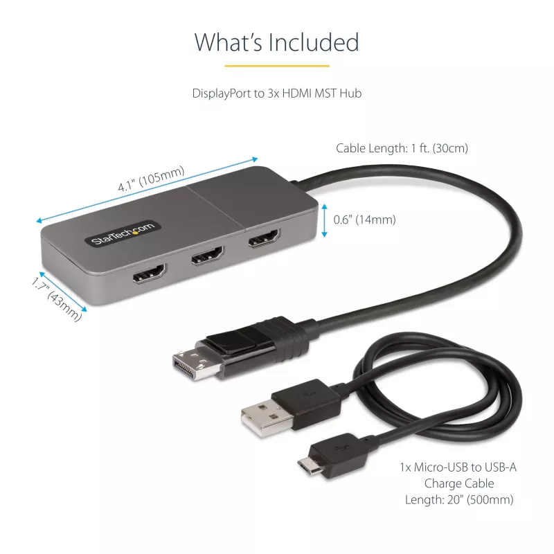 StarTech.com 3-poorts MST-hub - DisplayPort naar 3x HDMI, triple 4K 60Hz monitoren, DP 1.4 multi-monitor videoadapter, 30cm geïntegreerde kabel, USB-gevoed, alleen Windows