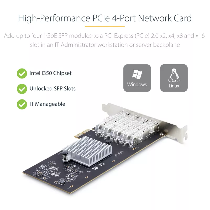StarTech.com 4-poorts GbE SFP-netwerkkaart, PCIe 2.0 x2 (x4, x8, x16 compatibel), Intel I350-AM4 4x 1GbE-controller, 1000BASE koper/glasvezel, desktop/server quad-port Gigabit Ethernet NIC - Windows & Linux
