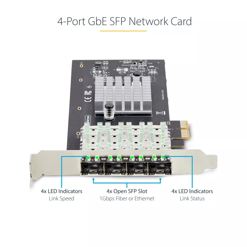 StarTech.com 4-poorts GbE SFP-netwerkkaart, PCIe 2.0 x2 (x4, x8, x16 compatibel), Intel I350-AM4 4x 1GbE-controller, 1000BASE koper/glasvezel, desktop/server quad-port Gigabit Ethernet NIC - Windows & Linux