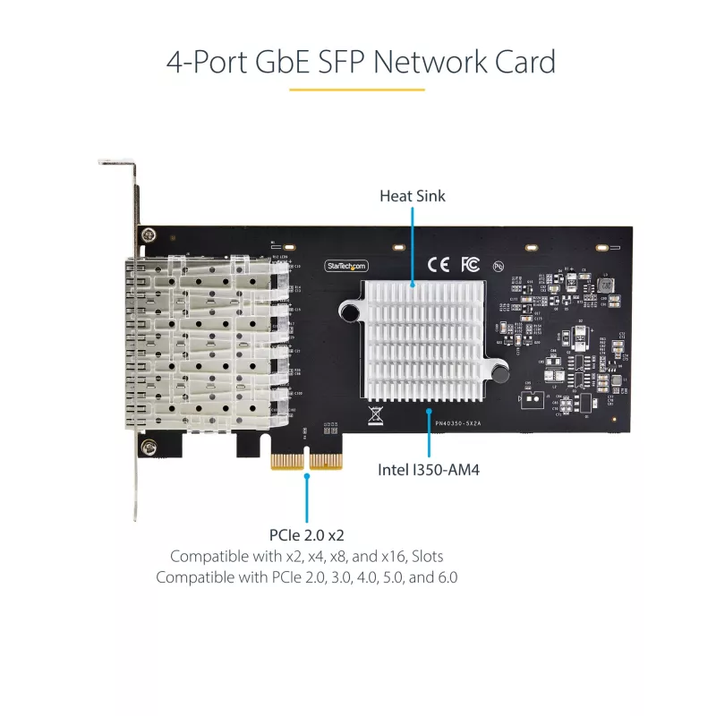 StarTech.com 4-poorts GbE SFP-netwerkkaart, PCIe 2.0 x2 (x4, x8, x16 compatibel), Intel I350-AM4 4x 1GbE-controller, 1000BASE koper/glasvezel, desktop/server quad-port Gigabit Ethernet NIC - Windows & Linux