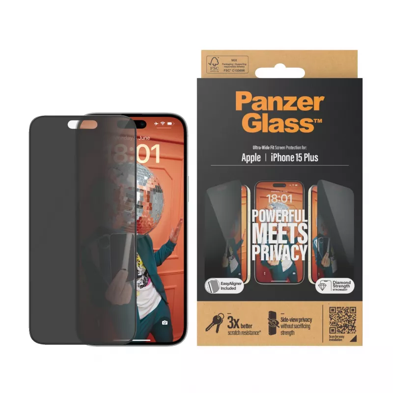 PanzerGlass ® Privacy Screen Protector iPhone 15 Plus | Ultra-Wide Fit met EasyAligner