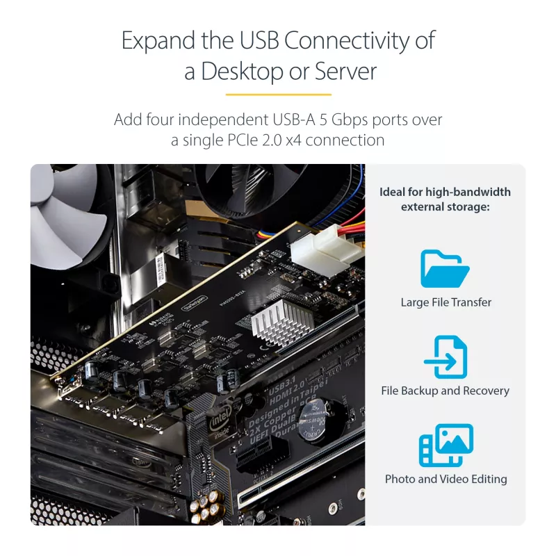 StarTech.com 4-poorts USB PCIe-kaart, USB 3.2 5 Gbit/s, PCI Express-uitbreidingskaart met 4 onafhankelijke USB-controllers, 4 USB-A-poorten, Windows/macOS/Linux