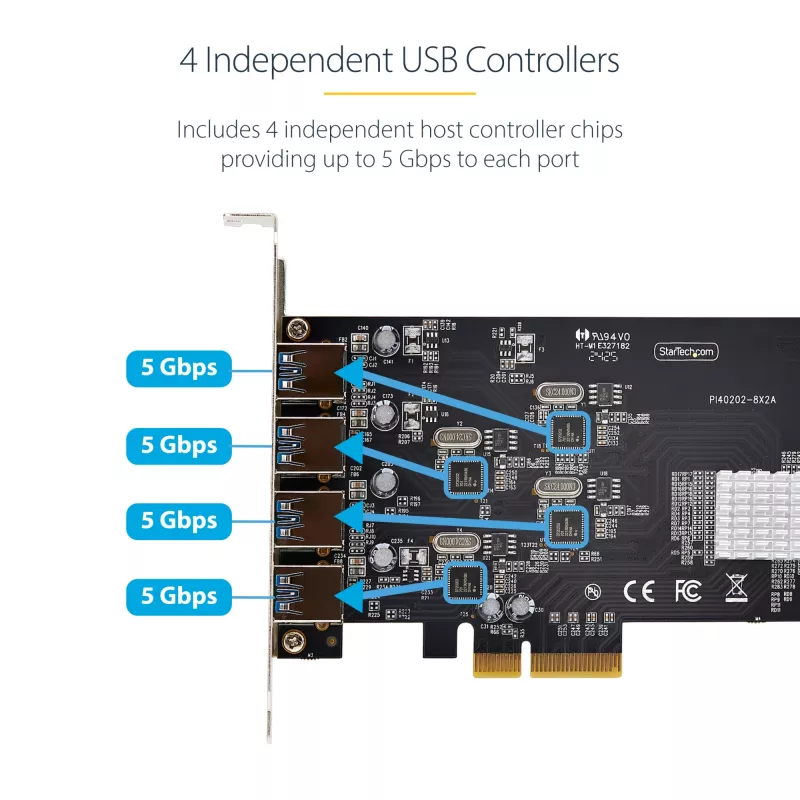 StarTech.com 4-poorts USB PCIe-kaart, USB 3.2 5 Gbit/s, PCI Express-uitbreidingskaart met 4 onafhankelijke USB-controllers, 4 USB-A-poorten, Windows/macOS/Linux