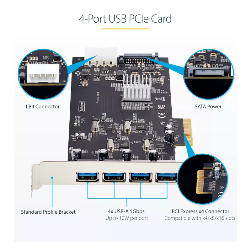 StarTech.com 4-poorts USB PCIe-kaart, USB 3.2 5 Gbit/s, PCI Express-uitbreidingskaart met 4 onafhankelijke USB-controllers, 4 USB-A-poorten, Windows/macOS/Linux